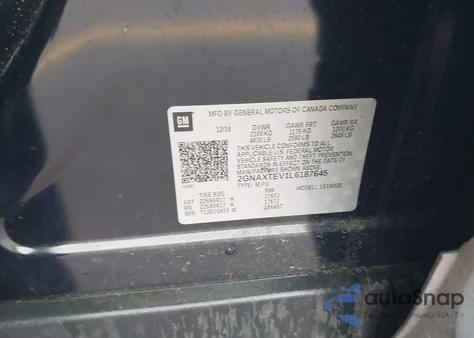 2020 Chevrolet Equinox Awd 2Fl из США, поврежденный, VIN 2GNAXTEV1L6187645